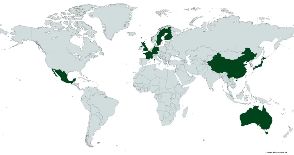 Carte du monde avec les pays suivants coloriés : Mexique, Suède, Finlande, France, Allemagne, Chine, Australie et Japon