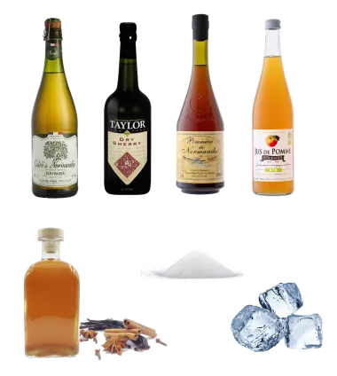 Les ingrédients pour le coktail Mabel's Treacle Cidre Brut Fournier Dry Sherry Sucre en Poudre Pommeau de Normandie Jus de Pomme Fournier Rhum Arrangé