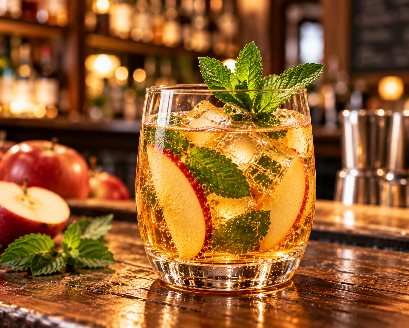 Cocktail pomme-menthe au bar chaleureux