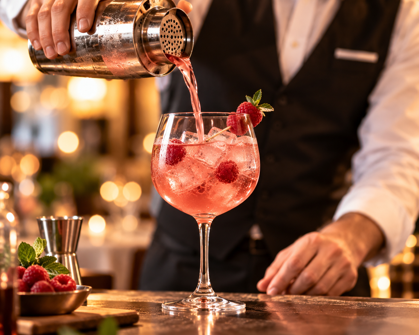 Cocktail rosé aux framboises en préparation