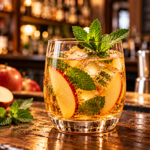 Cocktail pomme-menthe au bar chaleureux